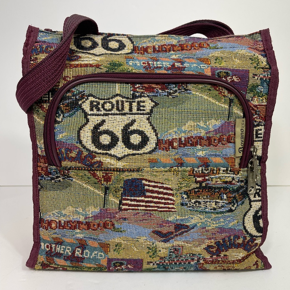 Vintage Bovano USA Route 66 Red Green Tapestry Shoulder Handbag Purse